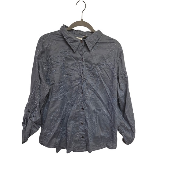 Chico's Embroidered Floral Button Down Top Blouse Size 3 XL Cotton Blue - Picture 1 of 6
